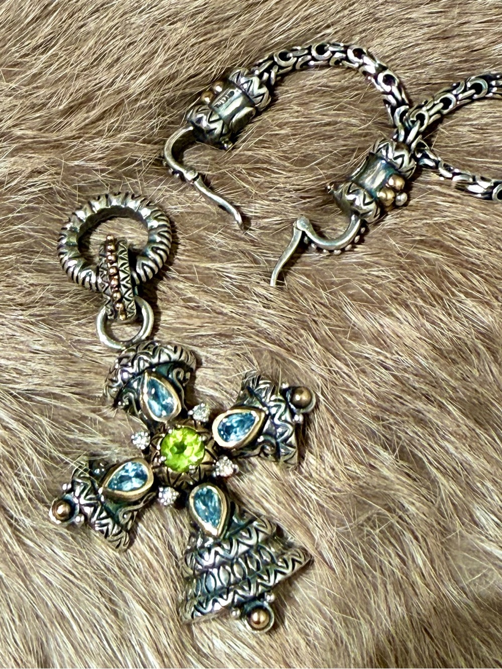 Barbara Bixby Sterling & 18k Yellow Gold w/Peridot & Blue Topaz Cross Necklace